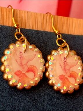 Gold-Tone Orange Mermaid (Merman) Dangle Earrings with Iridescent Accents